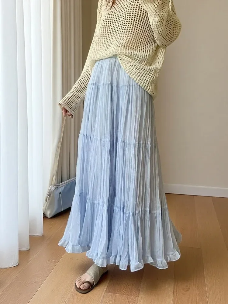 Süßer Seidenfaltenrock, Sommer, mittellanger Rock, Damen, elastisch, hohe Taille, Rüschen-Design, A-Linien-Röcke, Weiß, Schwarz, Gelb, Blau