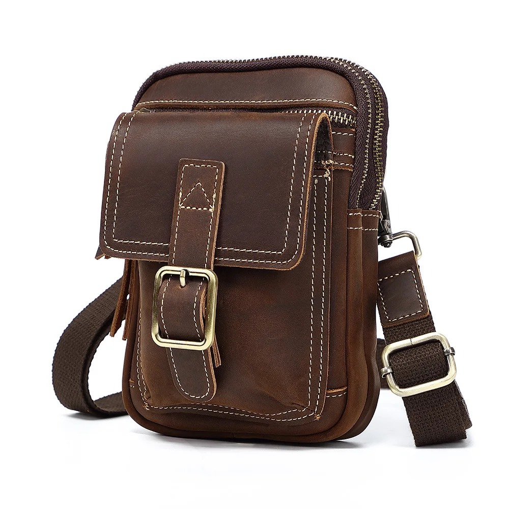 Top Layer Cowhide Men\'s Small Bag Cellhone Bag Multifunctional Leather Bag Single Shoulder Crossbody Belt Leather Waist Bag