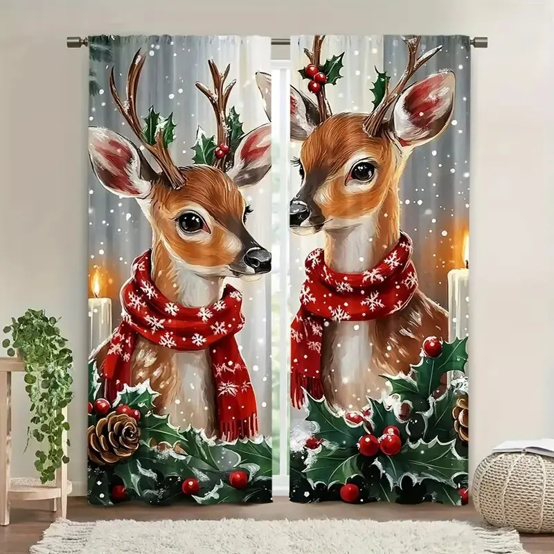 

Christmas reindeer print curtains, pole bag curtains, bedroom and living room decoration, home decoration, Christmas decoration