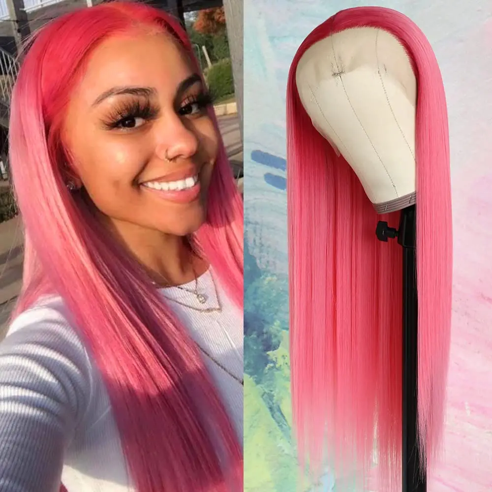 

30 inch Pink Wigs Straight Lace Front Wig Human Hair 13x4 13x6 Transparent Lace Frontal Wig Pink Human Hair Wig Red Colored Wigs