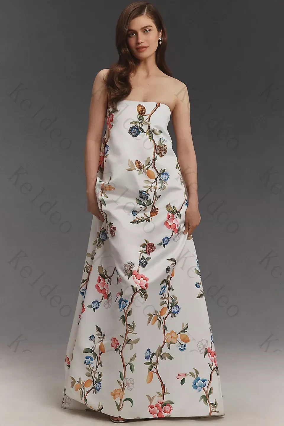 Customized Exquisite Strapless A‑Line Sleeveless  Wedding Dresses Fashion Colorful Floral Branch Print Floor‑Length Bridal Gowns