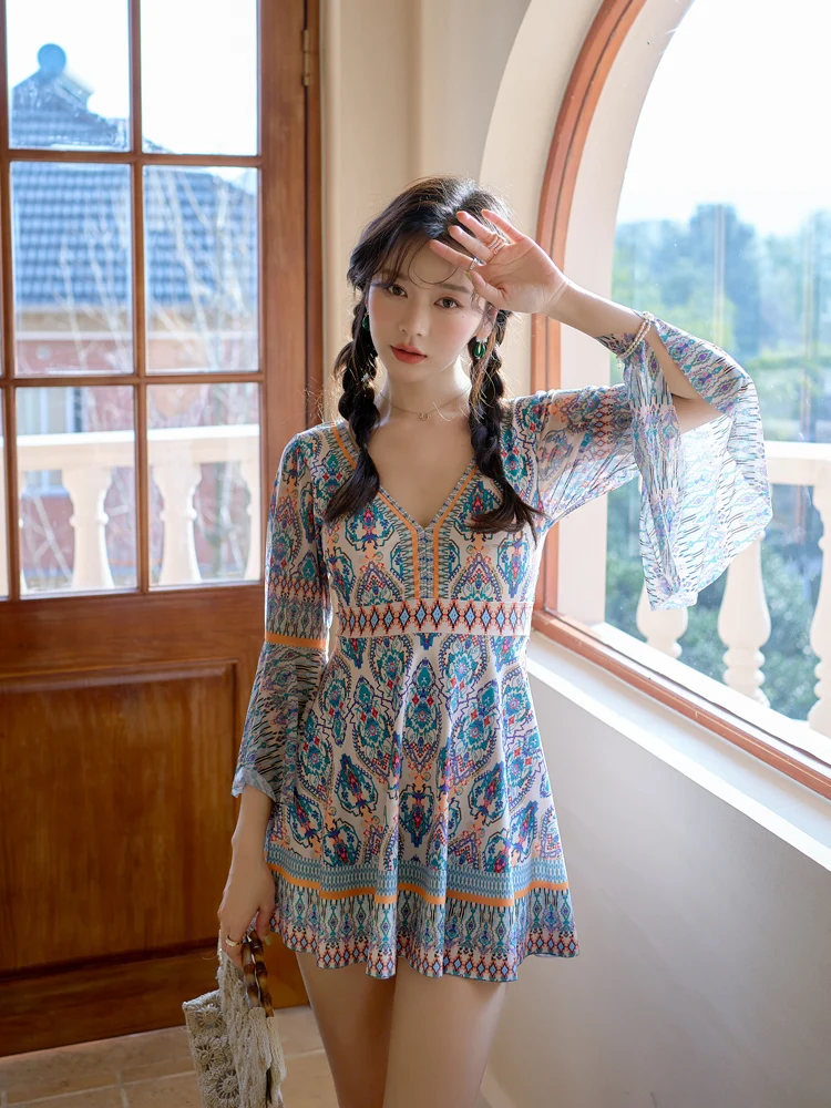 Sexy One-Piece Swimsuit for Women Faionable Thermal Leisure Sports Slimming Luxury by QiHai Long Sve Fixed Chest Pad