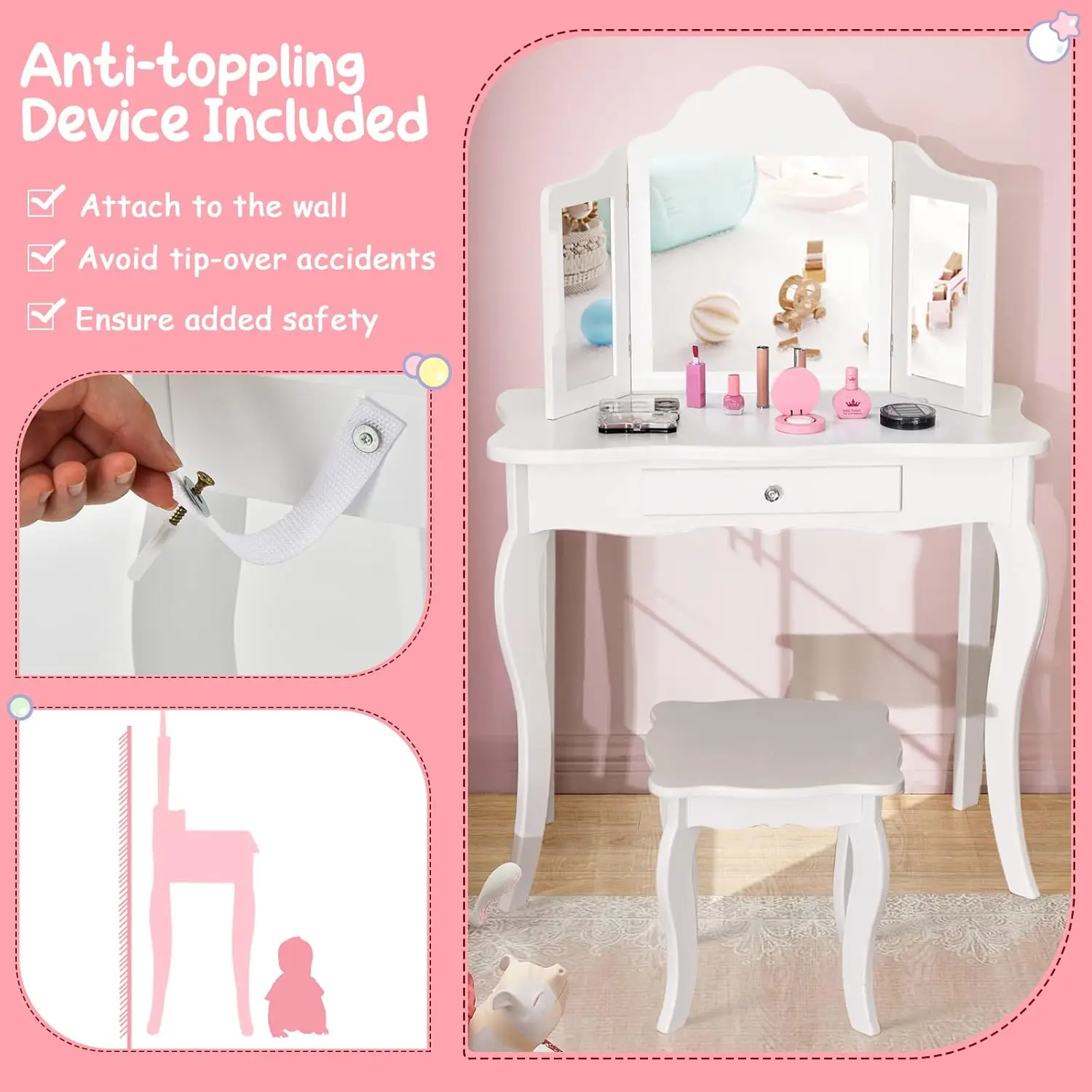 Kids Wooden Vanity Table & Stool Set, 2 in 1 Detachable Design with Dressing Table and Writing Desk, Princess Makeup Dressing Ta