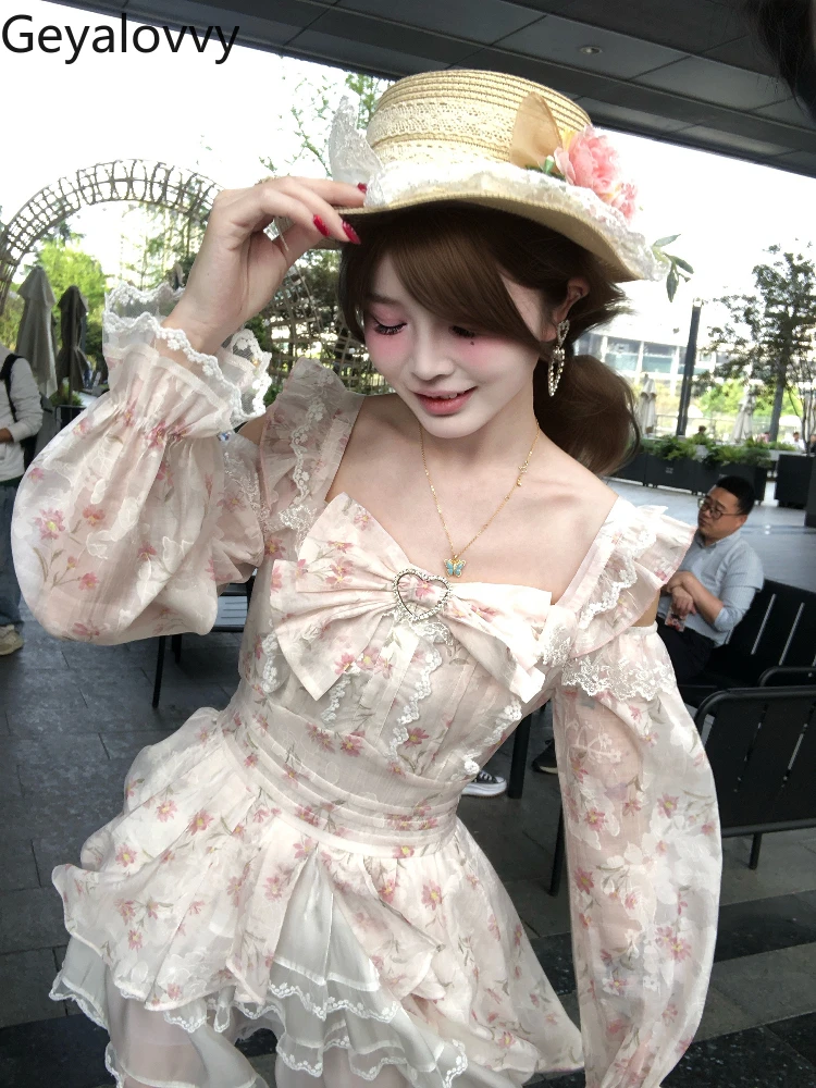 

Japanese Original Spring and Summer New Sweet Fresh Off-shoulder Floral Dress High Waist Slim Bow Lace Long Sleeve Dresses