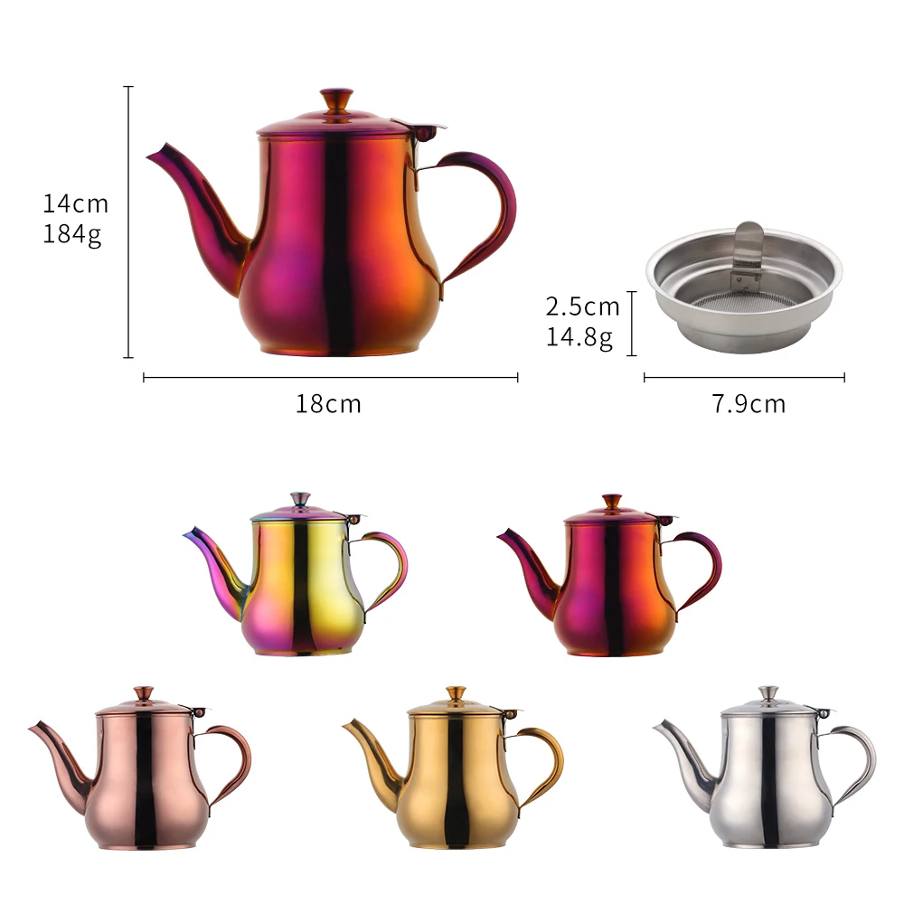 

1PC Stainless Steel 500ml Coffee Pot Gold Teapot With Filter Metal Tea Kettle Induction Cooker Water Kettle for Office Home