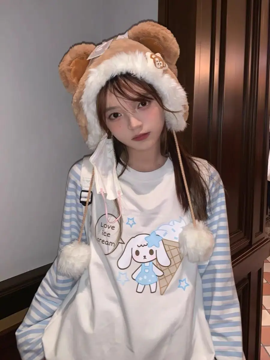 かわいいブルーストライプパッチワークソフトガール長袖Tシャツ春秋プレッピースタイルカジュアルルーズ漫画オーバーサイズTシャツ