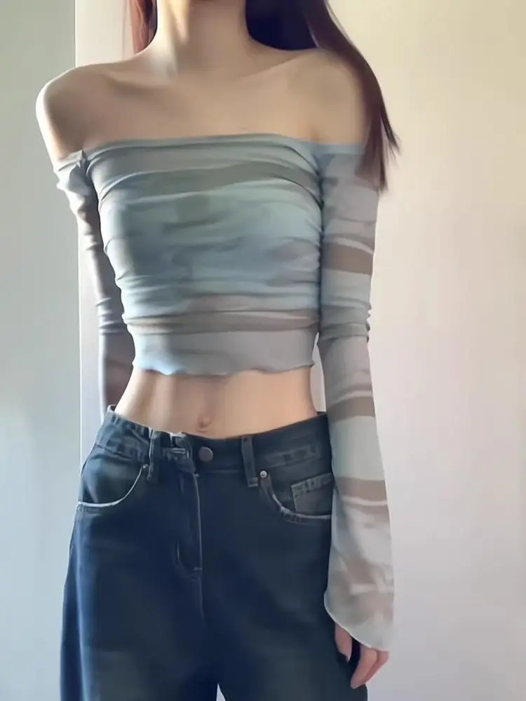 Sexy Slim Mesh Slash Neck T-shirt Tie Dye Crop Flare Long Sleeve Korean Version Sunscreen Cover Shirt Short American Top
