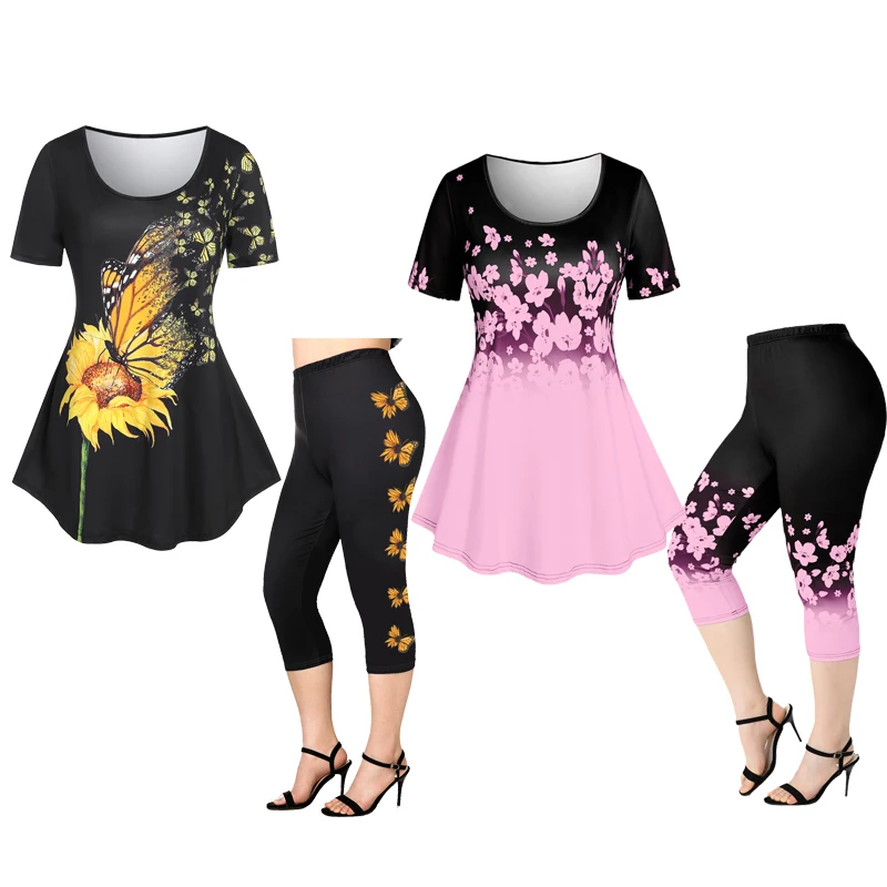 ROSEGAL Plus Size 3D Printed Outfit Female Colorblock Suit Floral Graphic Tee And Capri Leggings Size Is Too Large Matching Set