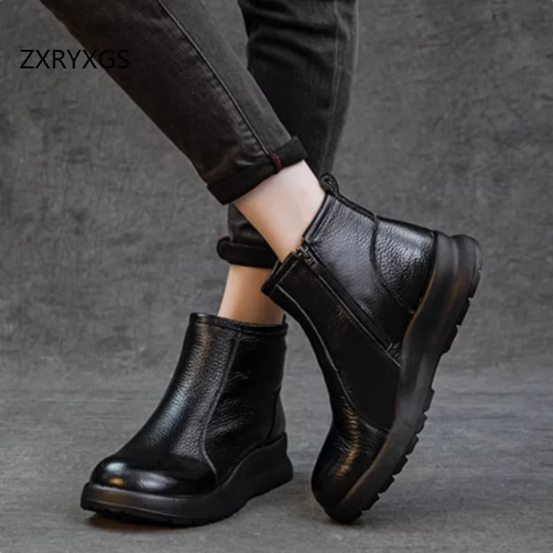 ZXRYXGS Promotion Winter Snow Boots 2026 New Genuine Leather Wool Boots Warm Shoes Flat Thick Sole Women Boots Cotton Shoes