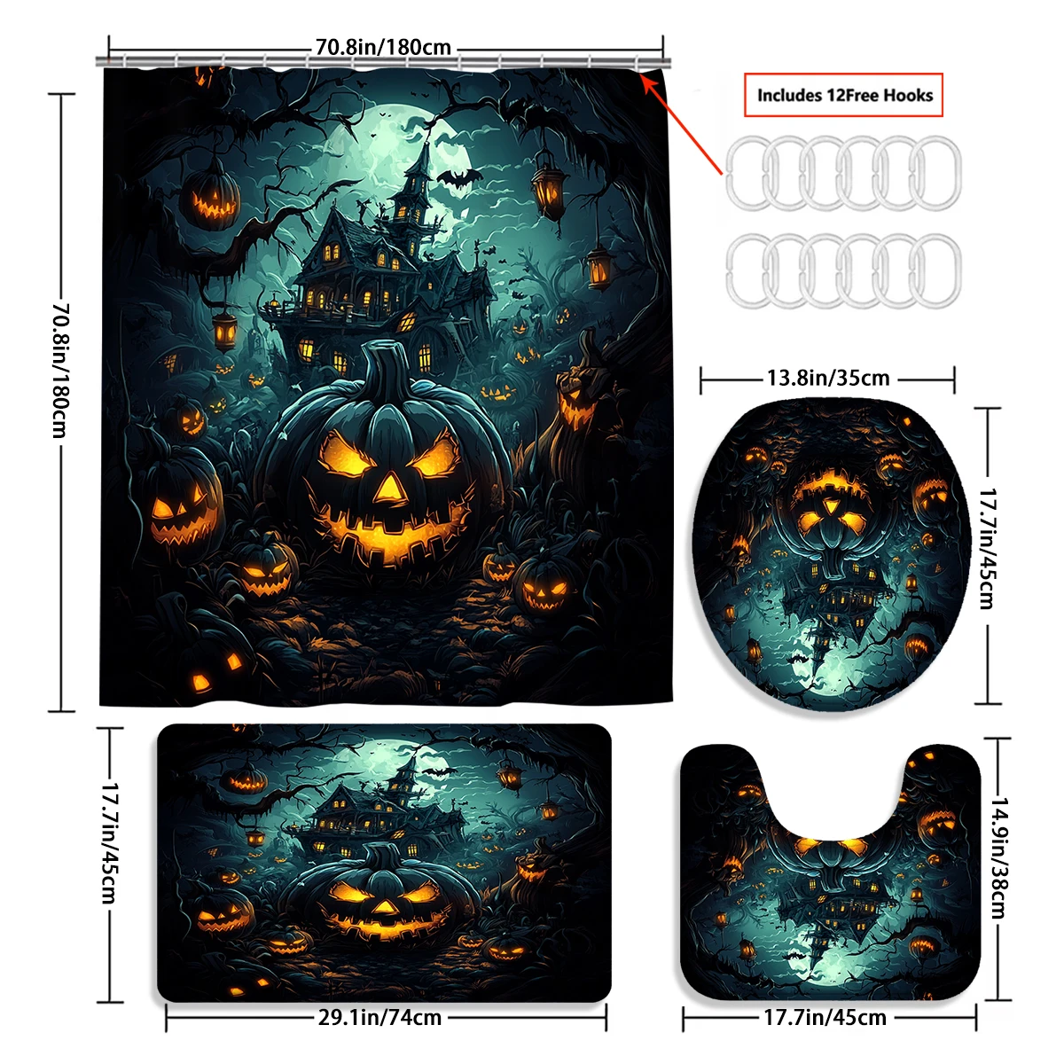 1/4PC Halloween  fear forest pumpkin shower curtain set,waterproof shower curtain and waterproof non-slip carpet,12free hooks