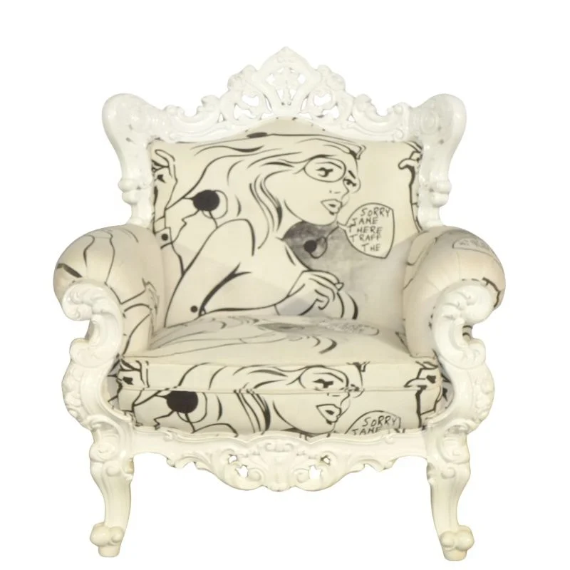 Baroque Sofa in Comic Design Printed Fabric French Style Living Room Sofa Wooden for Modern Home Furniture and Living Room Hotel