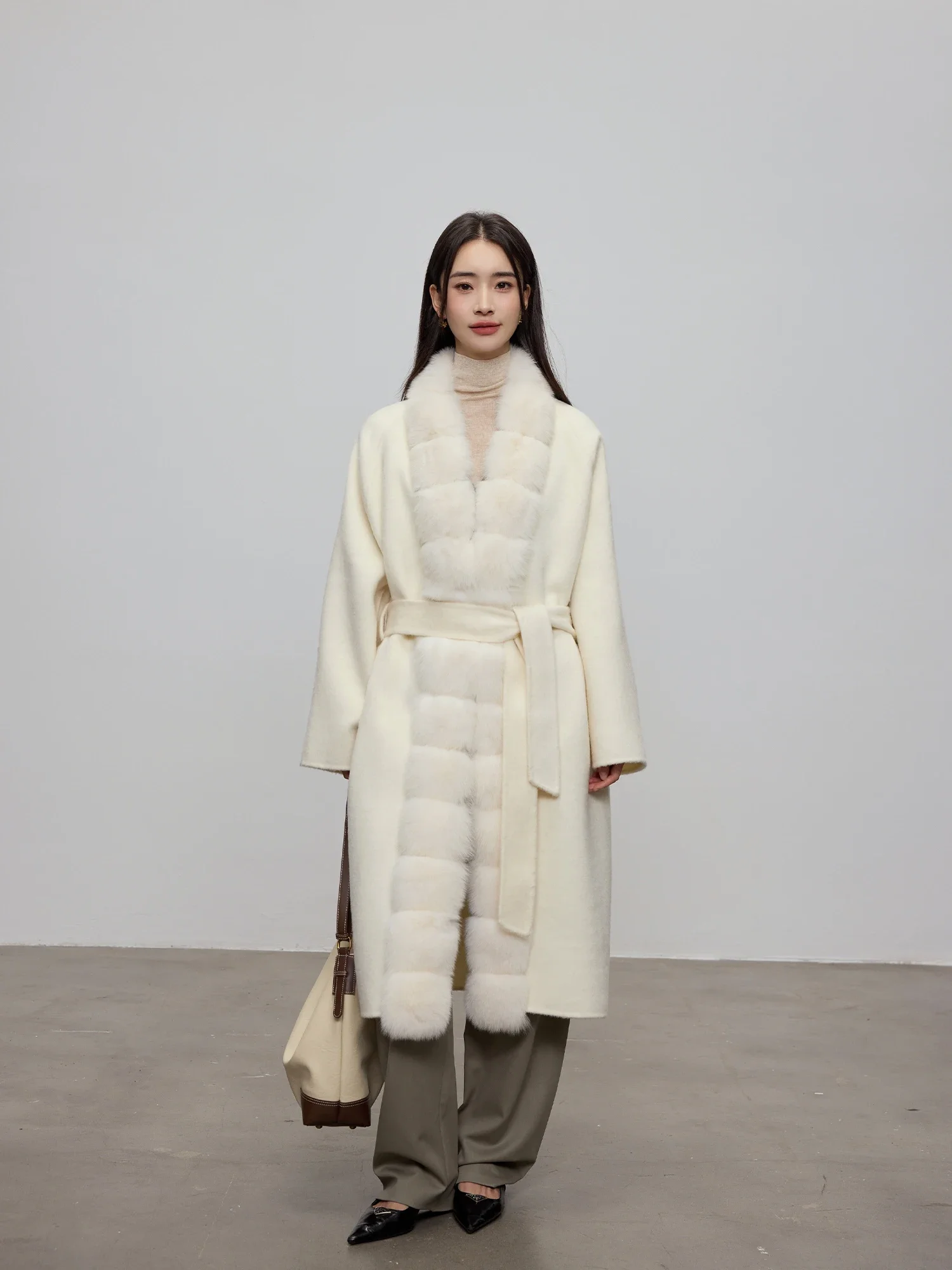 Autumn and Winter Double-sided Cashmere Coat Women's Long White Fox Fur Wool Coat