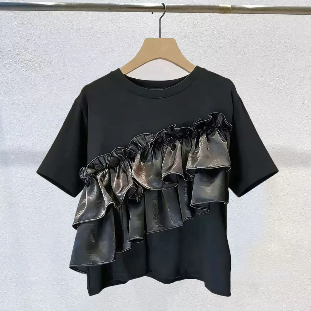 Elegant Slimming Short Sleeve T-Shirt Cotton Blend Casual Style Ruffle Detail Versatile Summer Fashion Women's Top