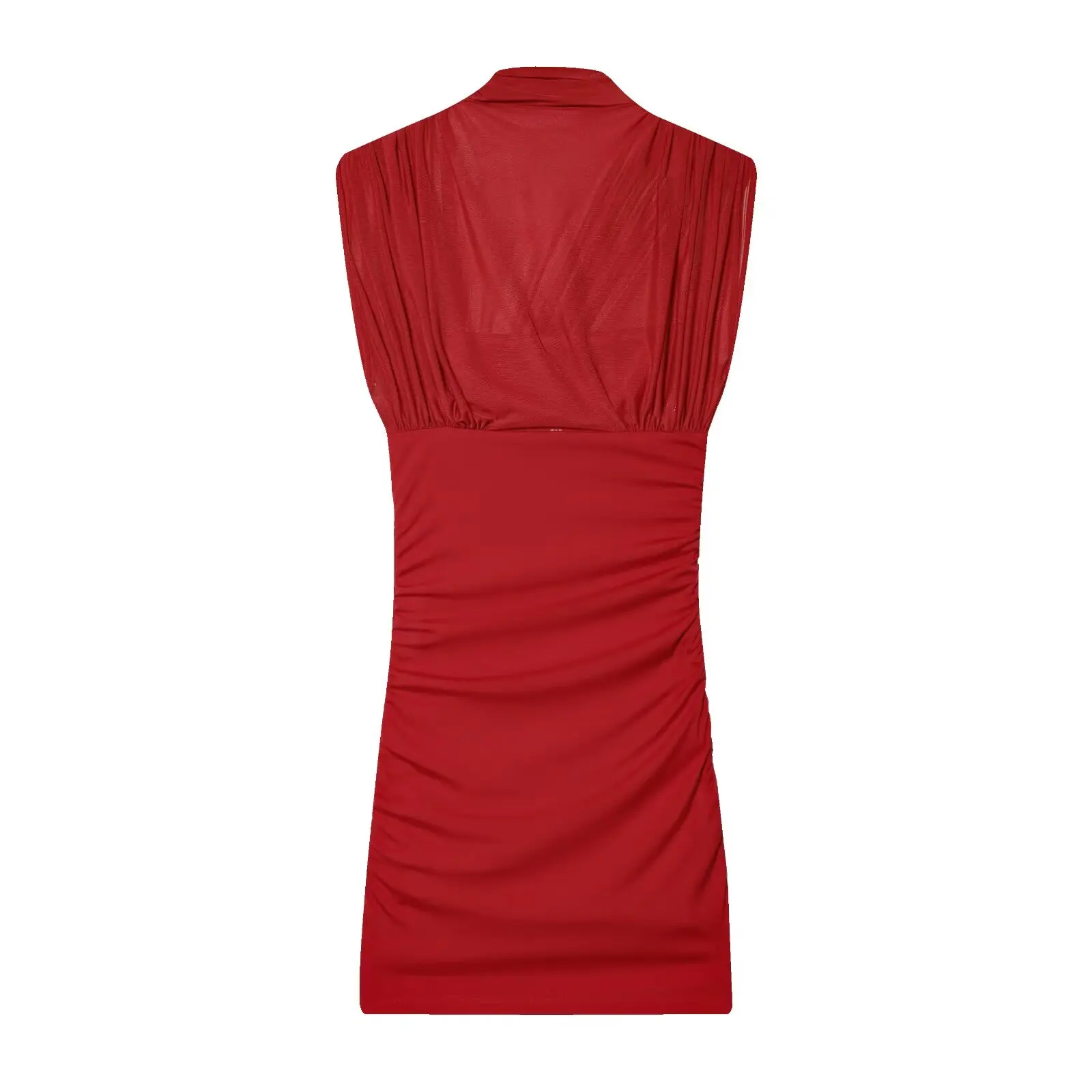 New Women High-Neck Sleeveless Ruched Sheer Red Mini Dress Mini Bodycon Celebrity Christmas Party Dress