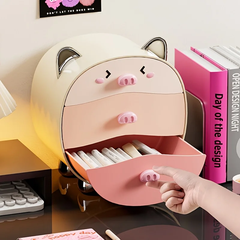 Cute Cartoon Pig Storage Box with Multiple Layers Drawers Desktop Organizer for Room Office Desktop Storage Home Decoration