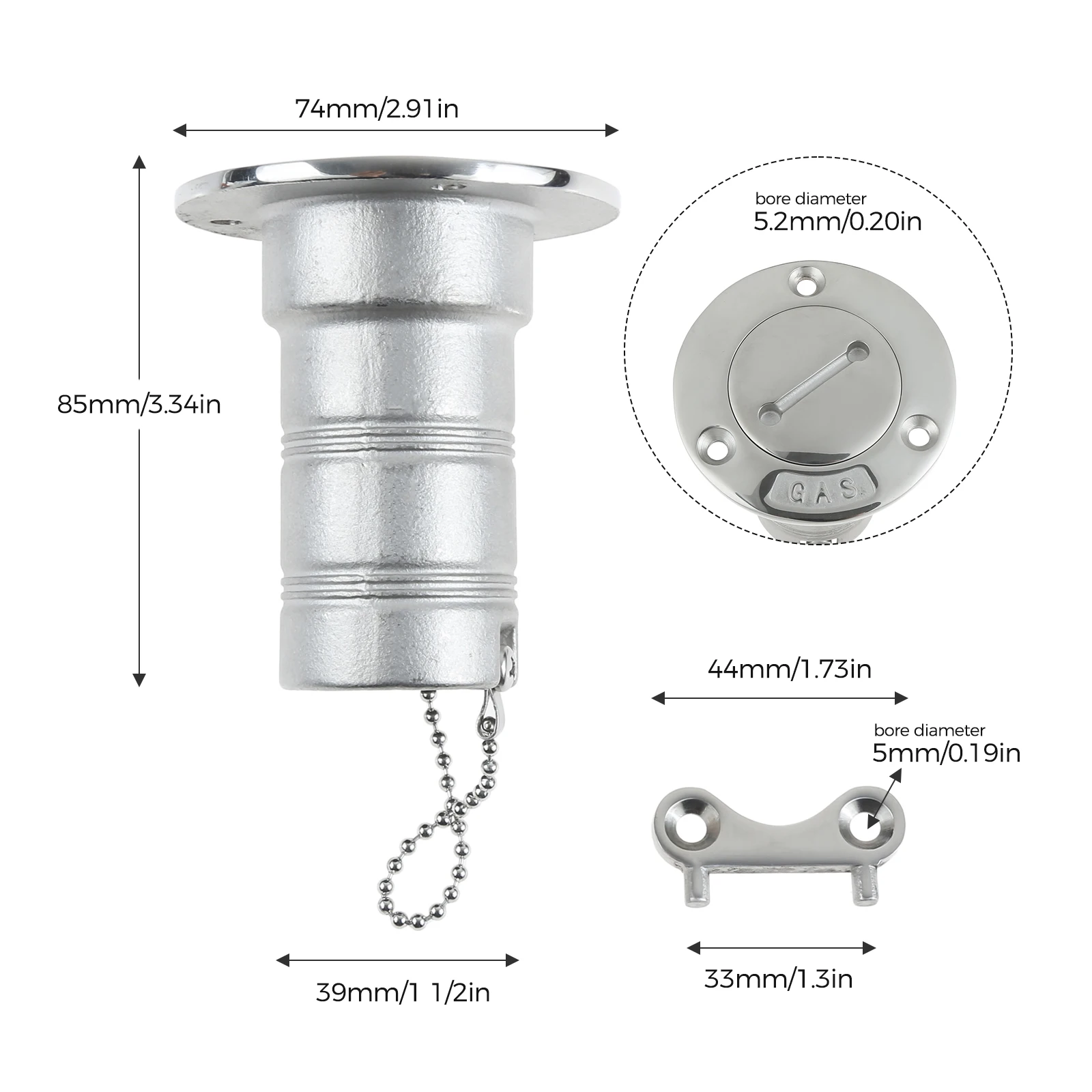 316 Stainless Steel Marine Boat Hardware Deck Fill/Filler Fuel Water Waste Diesel Gas Key Cap for Yacht Caravan 39mm/1.5 inch