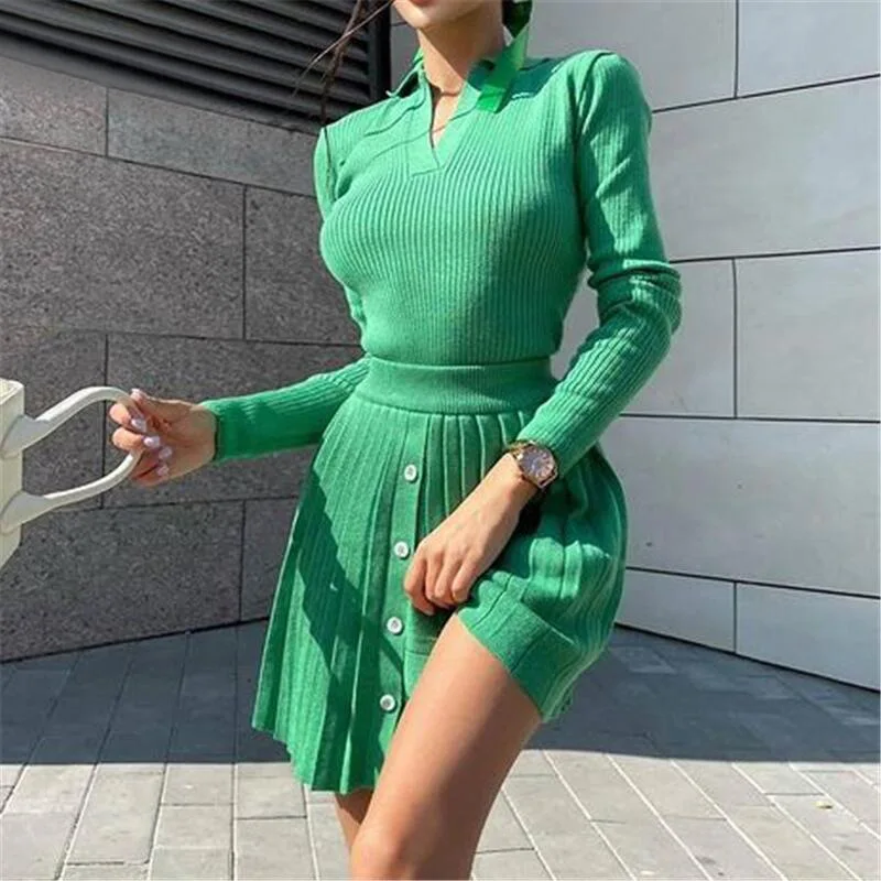 

Autumn New Women's Clothing Solid Polo Long-sleeved Women Top Pleated Skirt for Woman Fashion Casual Knitted Two-piece Set