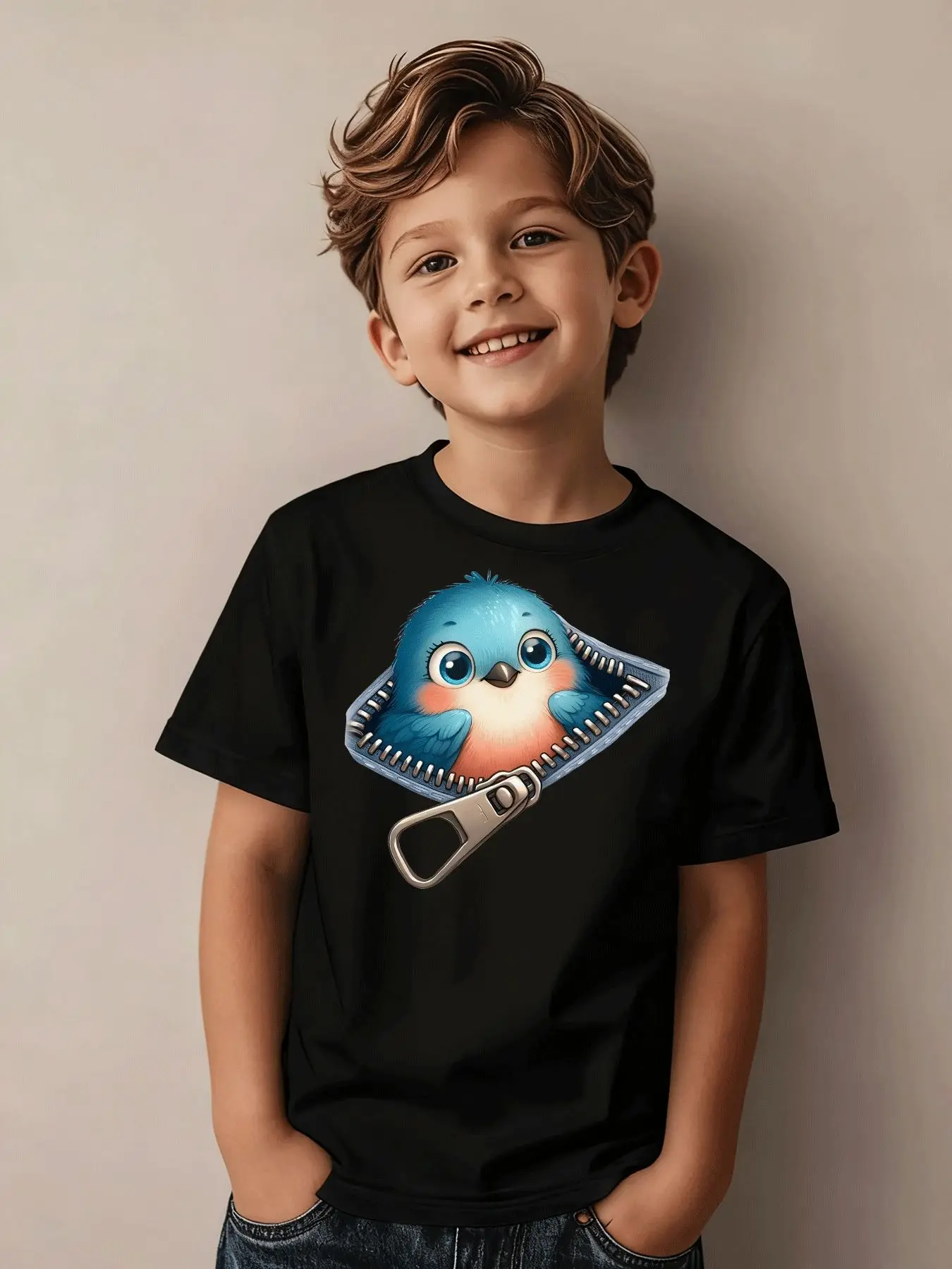 2026  New Boys' T-shirt Casual Trend Cute Bluebird Zipper Pattern Parent-child Clothing Girls' Sports Daily Holiday Wear