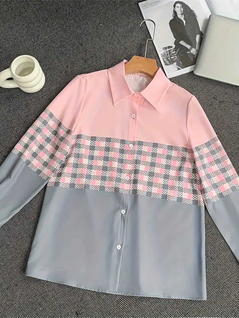 Fashion Women's Shirts & Blouses,Pink and Gray Patchwork Plaid Shirt,2024 Spring & Summer Plus Size Female Clothing Blouse Tops