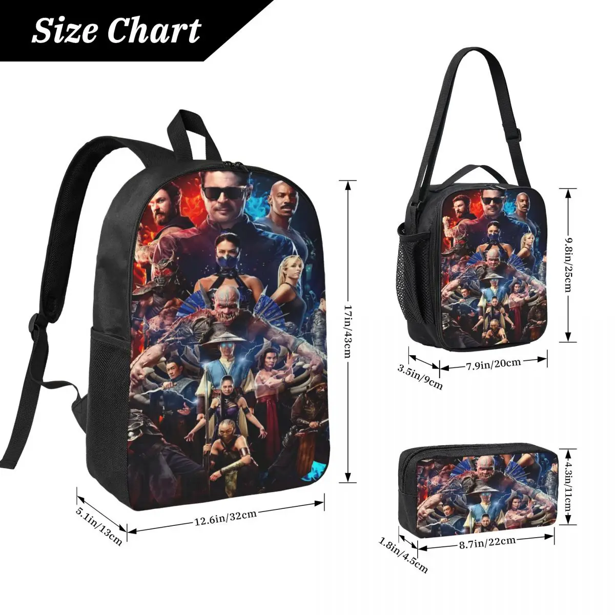 3Pcs Mortal Kombat II Moive 2026 Backpack Set for Boy Girl Pen Bags Bookbag Sets with Lunch Box For School Students Knapsack
