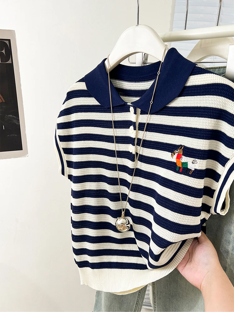 Summer Turn-down Collar Knitted Short-sleeved Tops Women\'s Casual Versatile Striped Embroidered T-shirt Loose Tops