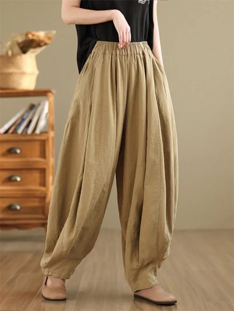 

Женские брюки-фонарики из хлопка и льна в китайском стиле весной 2025 года, широкие брюки с эластичным поясом в стиле ретро в стиле дзен A756