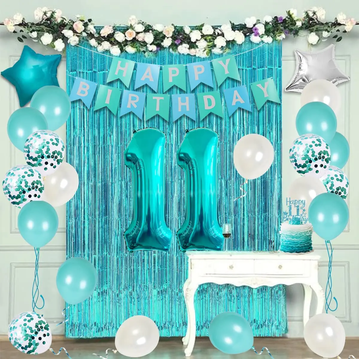 Decorazioni per feste di compleanno 11th per ragazze Teal Happy 11th Birthday Banner Cake Topper Fringe Curtain Number 11 Foil Balloon Set