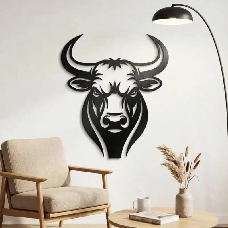 CIFbuy Bull Head Metal Wall Art Iron Hanging Sculpture Modern Farmhouse Western Indoor Outdoor Decor Hanging Sculpture 1pc