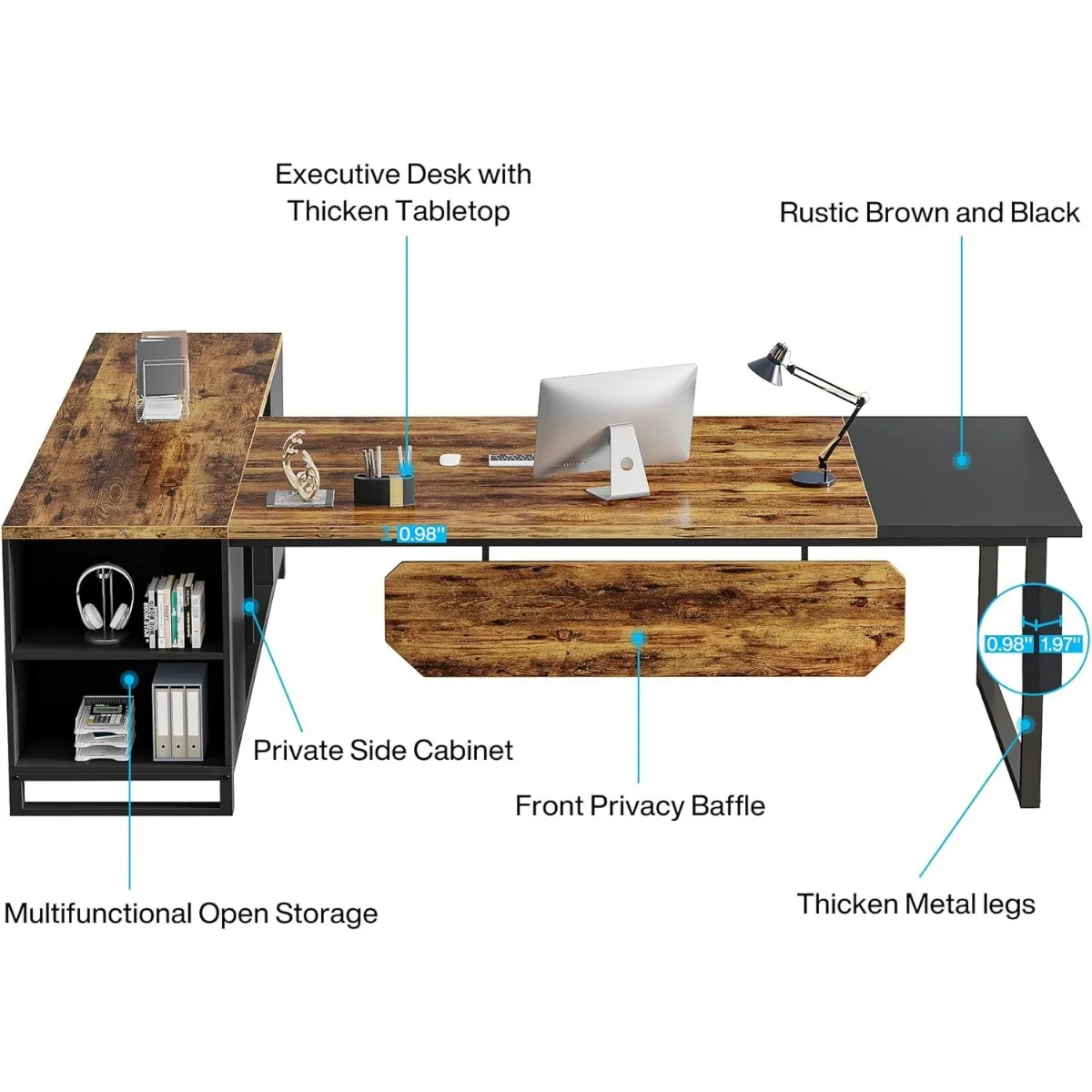 Escritorio ejecutivo de 70,8 pulgadas con archivador de 55 pulgadas, escritorio grande para ordenador en forma de L con armario de almacenamiento y estantes