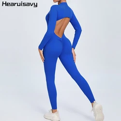 Hearuisavy Summer V Back Sports Jumpsuit Yoga Clothes Rompers Women Long Sleeveles Workout Bodysuits Backless One-piece Suit