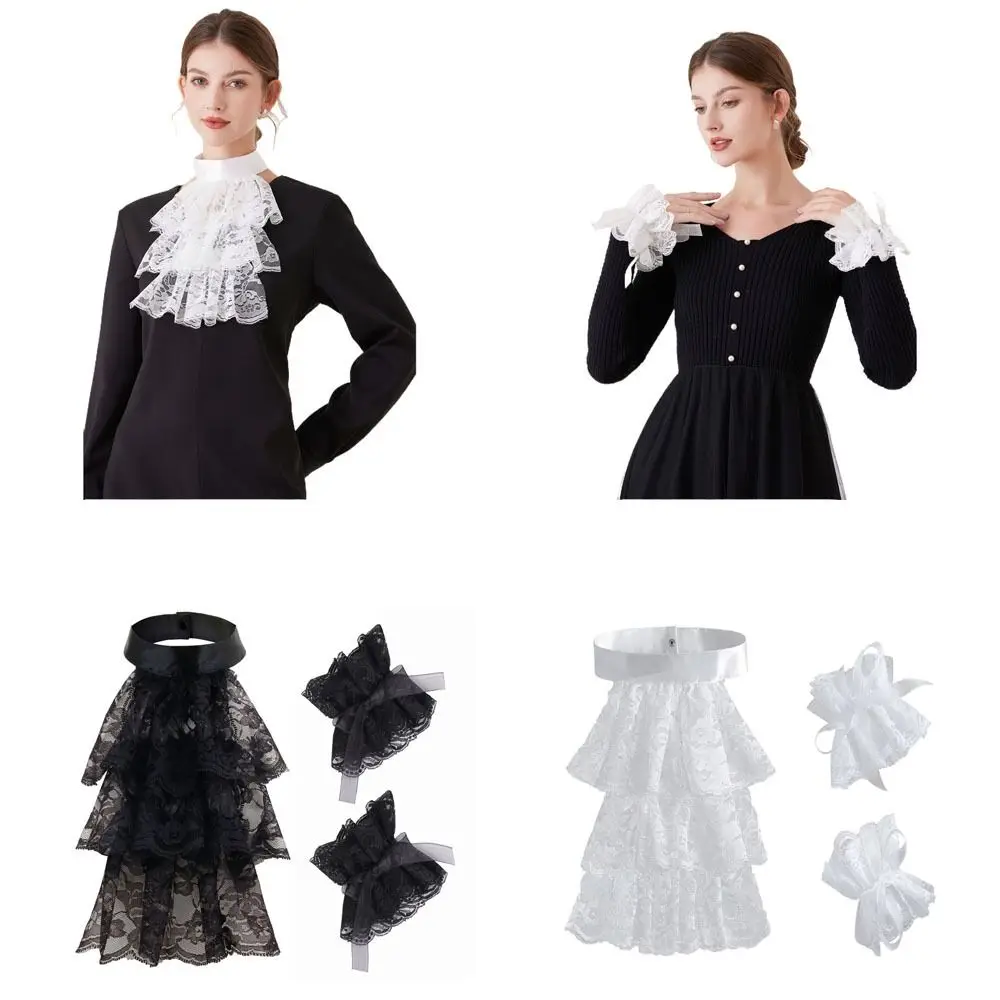 Fashion Victorian Lace Jabot Collar Detachable Solid Color Ralph Collar Wrist Cuffs Sleeves Stage Performance Costume Accessory