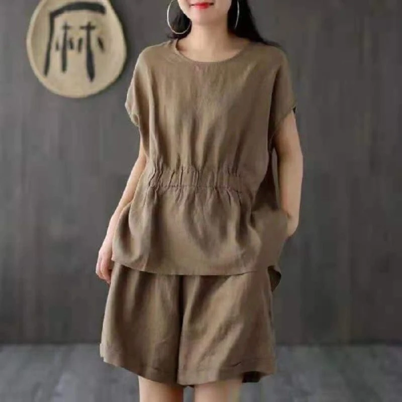

Linen casual solid color two-piece set women's round neck waist cinched short sleeved T-shirt top+casual wide leg shorts