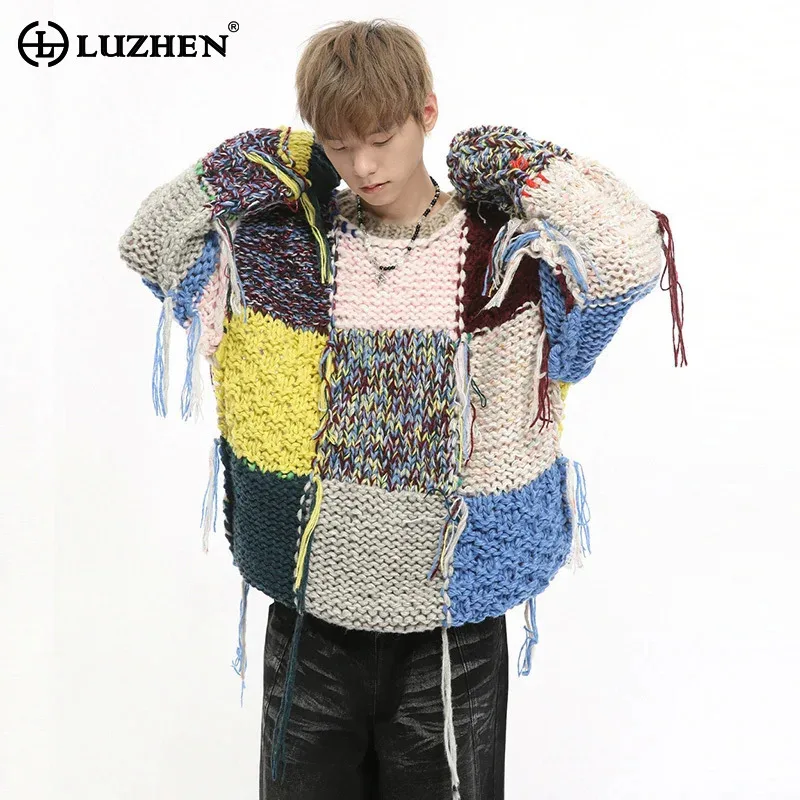 

LUZHEN Color Trendy Knitted Contrast Personalized Sweater Tassel Male Streetwear Original Niche Designer Fashion Tops JY4648