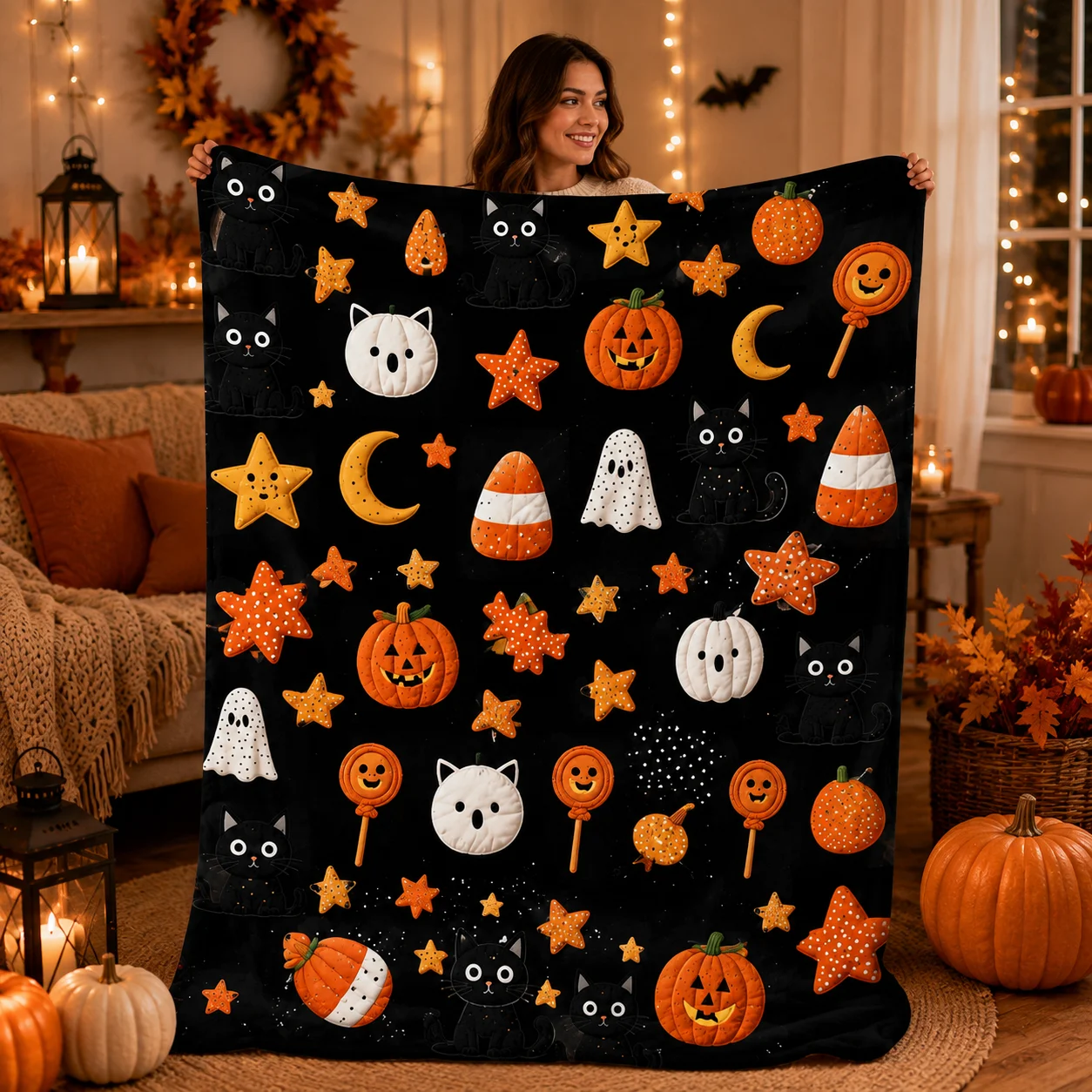 1pc All-Season Flannel Blanket with Halloween Patchwork Quilt Pattern Print, Suitable for Travel And Camping, Washable for Living Room And Office
