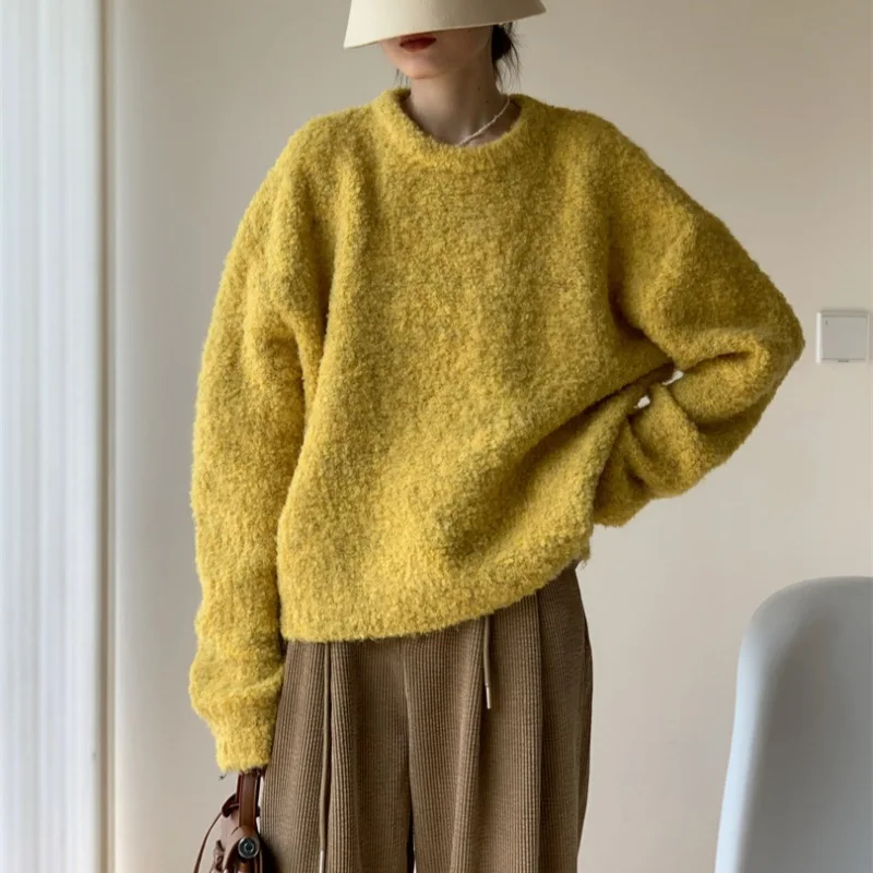 

Winter New Fashion Retro Solid Color Simple O Neck Pullover Sweater Korean Autumn Loose Lazy Jumper Women knit Sweater Pullover