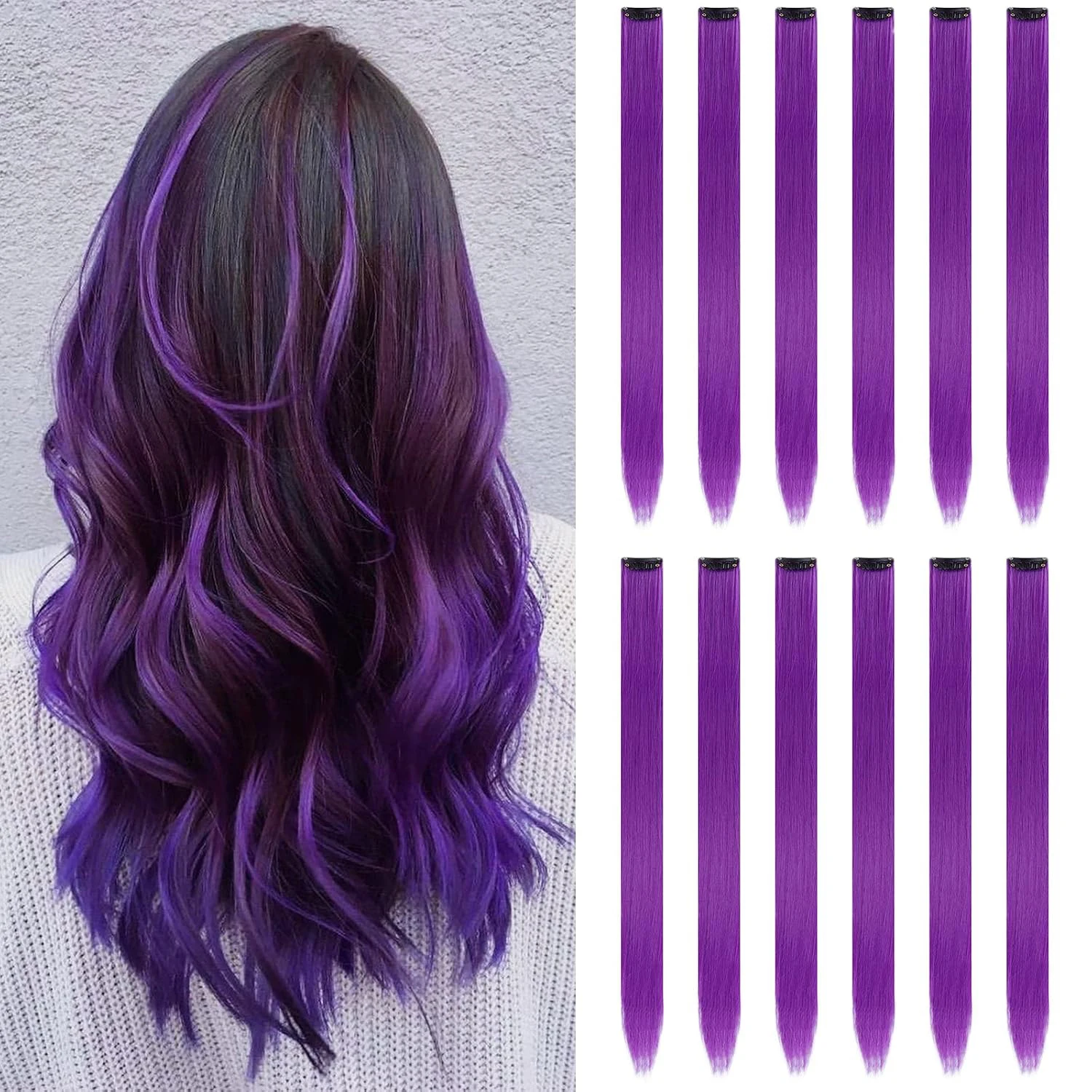 5/12PCS Colored Purple Hair Extensions 22 Inch Colorful Clip in Hair Extensions Straight Synthetic Hairpiece for Women Kids Girl