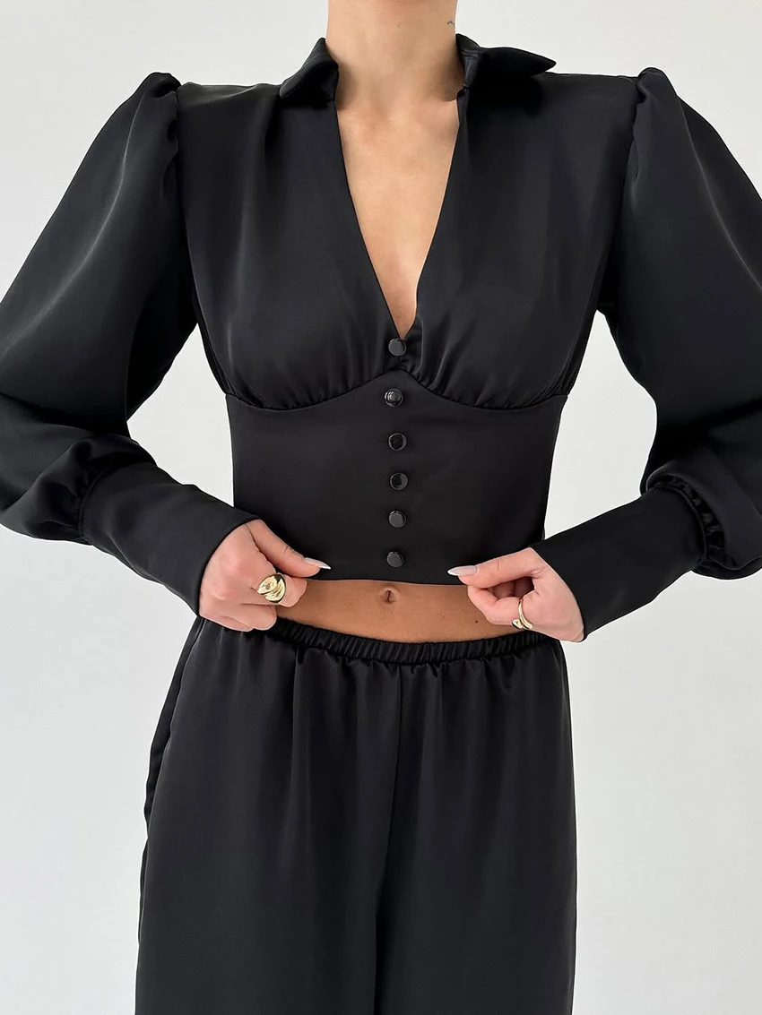 Martahqiqi Fashion Ladies Nightgowns Suit Crop Top Pajamas Long Sleeve Nightie Sexy V-Neck Nightwear Pants Female Sleepwear Set