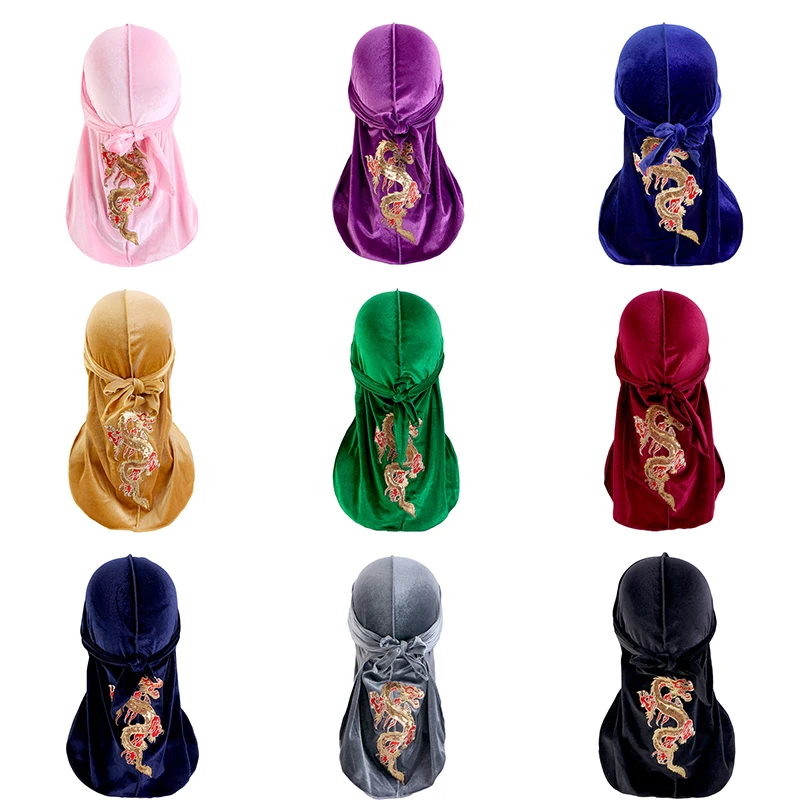 Nowa moda chińska męski wzór smoka aksamitne Durags bandany nakrycia głowy mężczyźni DuRag turban kapelusz z pałąkiem na głowę akcesoria do włosów fale czapka