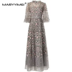 ILYBOOJUN Beading Mesh Embroidery Sequins Women's Flare Sleeved High Waiste Vintage Temperament Summer S-XXXL Dresses