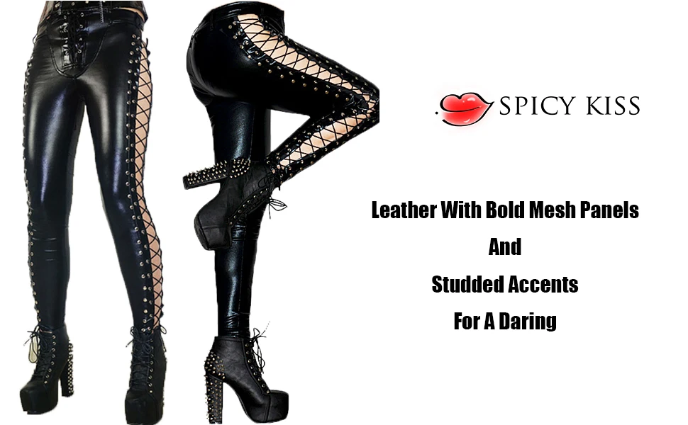 Damen-Leggings aus Kunstleder mit Schnürung, Gothic-Bandage-Leggings, Skinny-Leggings mit Aussparungen, enge Hose – Detail 1