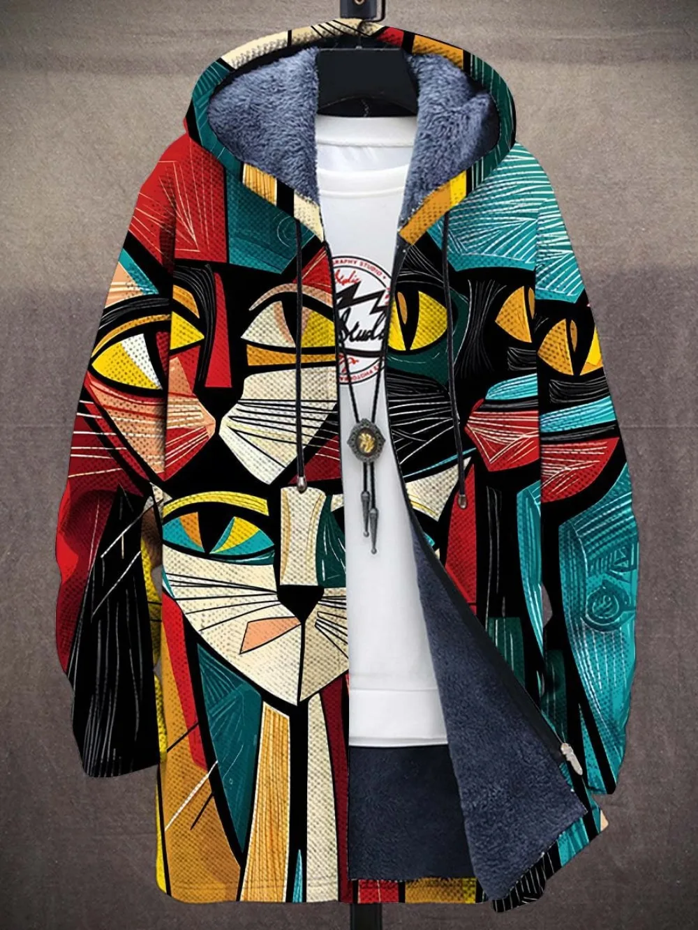 Men Jackets Coats Cute Cats Kitty Puppy Animals Printed Zip Up Cardigans Cozy Art Graphic Plush Thick Winter Streetwear Clothing