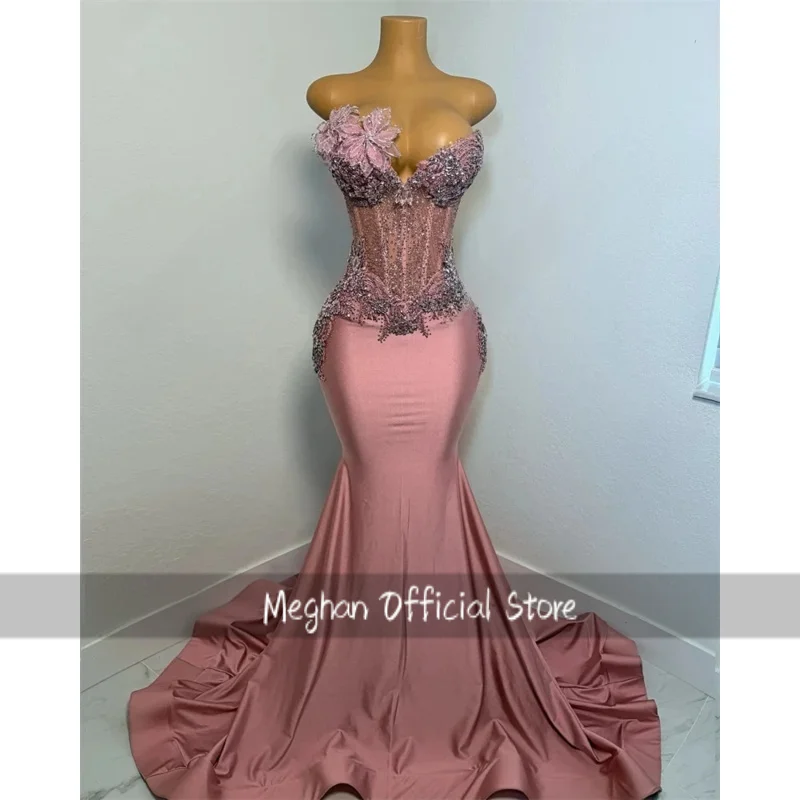 Rosa longo vestidos de baile brilhante frisado cristal vestido de noite 3d flores vestidos de festa de aniversário personalizado robe de bal