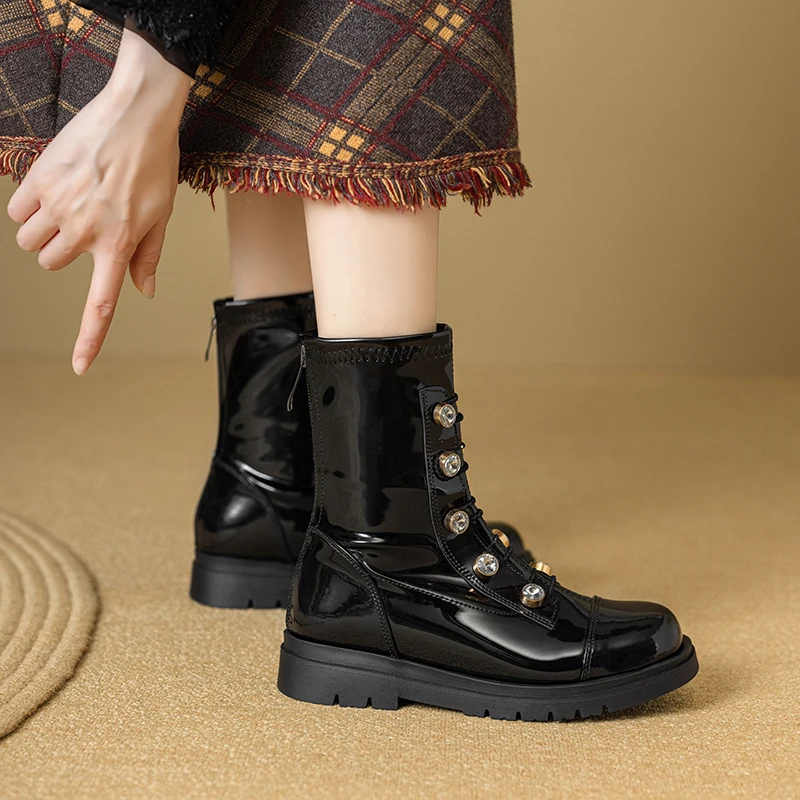 

2024 Autumn Winter Handmade String Bead Decora Ankle Boots Round-Toe Thick Sole Short Botas Zapatos De Mujer Black Plus Size 43