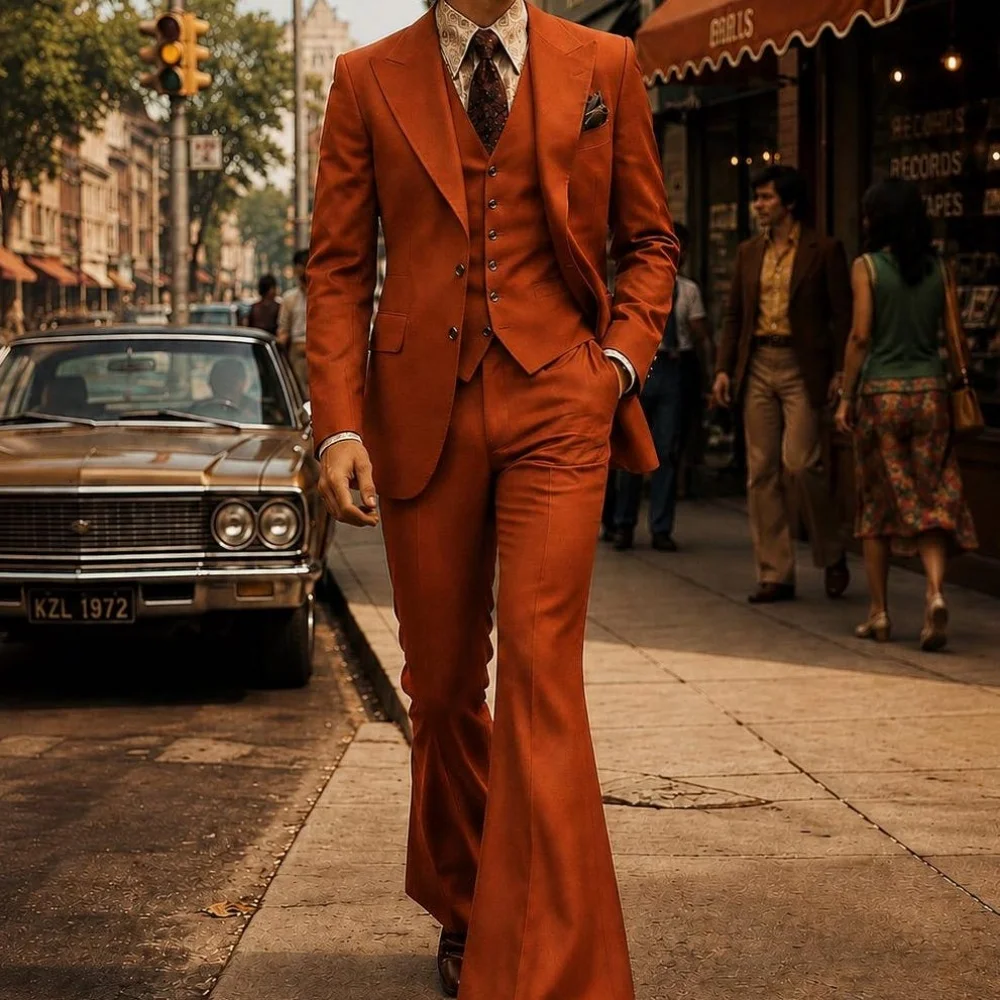 Custom 1970S Vintage 3 Pieces Groom Tuxedo Suits for Men Flared Pants Formal Outfit for Wedding Prom Banquet Celebration
