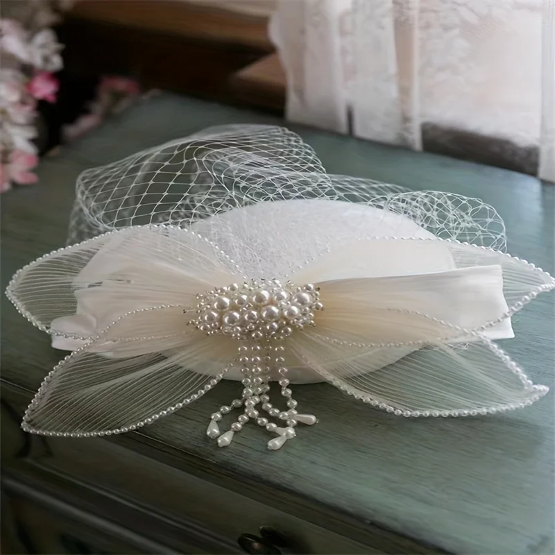 Abito da sposa da sposa copricapo Vintage elegante cappello a cilindro in rete femminile bianco fata Hanfu accessori per capelli Super Fairy Pearl Headdres