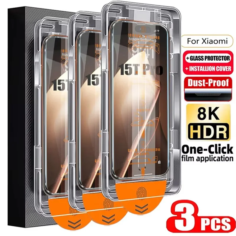 3PCS HD 8K Easy Install Screen Protector For Xiaomi 15T Pro 14T 13T 12T 11T 14 13 10T 11 Lite Tempered Glass with Auto-Dust Boxs