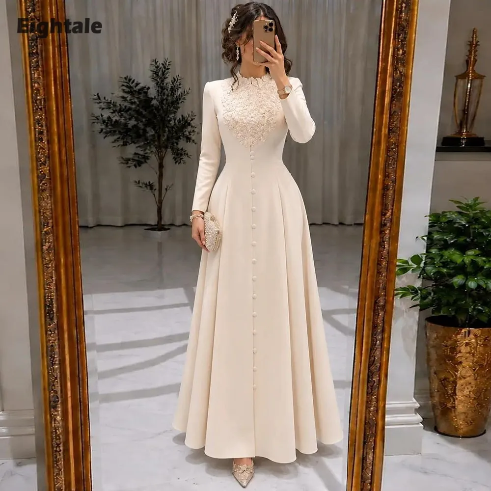 Eightale Arabic Wedding Dress O-Neck Appliques Customized Bridal Gown Long Sleeves Muslim Bride Party Dress Vestido De Novia