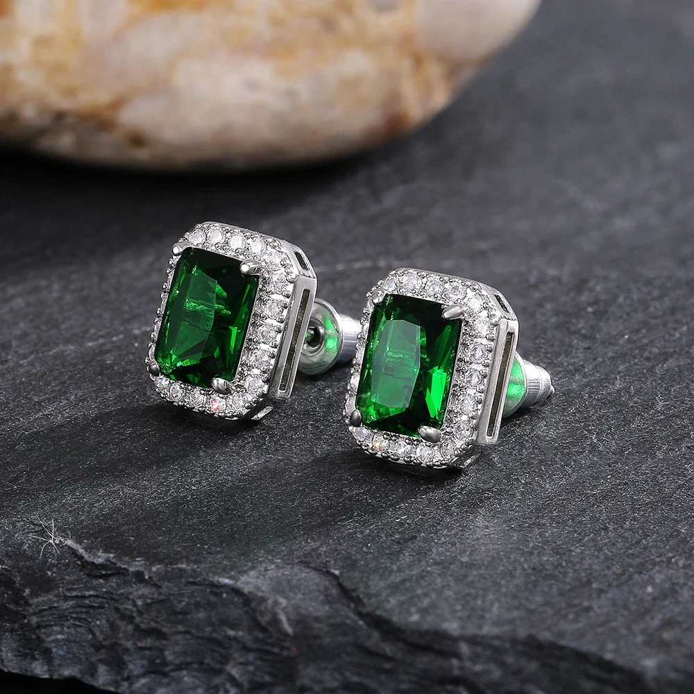 Square Green Zircon Earrings for Women\'s Elegant Party Anniversary Gift Eternal High Grade Sparkling White Crystal