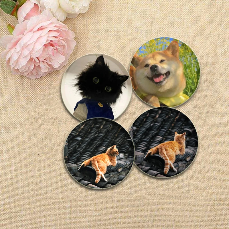 Engraçado bonito gato cão 32/44/58mm alfinetes de botão simples, broche criativo redondo para animais de estimação, crachá de ornamento elegante diário, presentes ideais para amigos