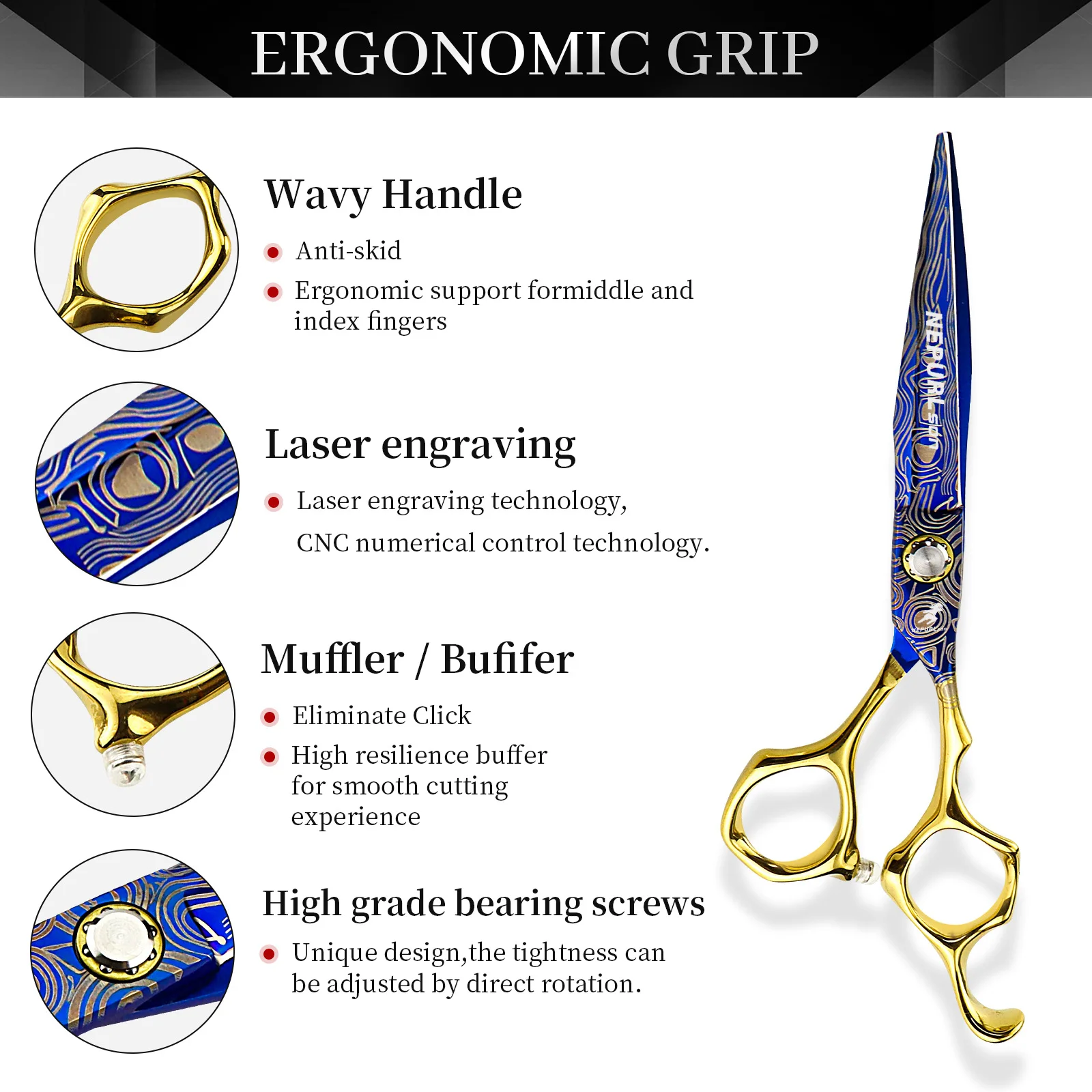 NEPURLSON 6.0-inch blue-patterned hair clipper. Hair clipper. Made of 440C high-grade steel. Right-handed scissors.